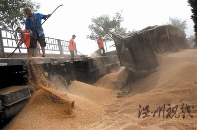 裝有數十噸小麥大貨車側翻壓扁夏利車2死3傷