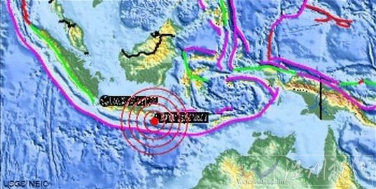 圖片顯示了巴厘島地震的震中。（圖片來源：美國地質(zhì)勘探局）