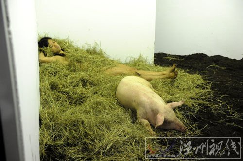 女行為藝術(shù)家玩另類：與豬裸睡